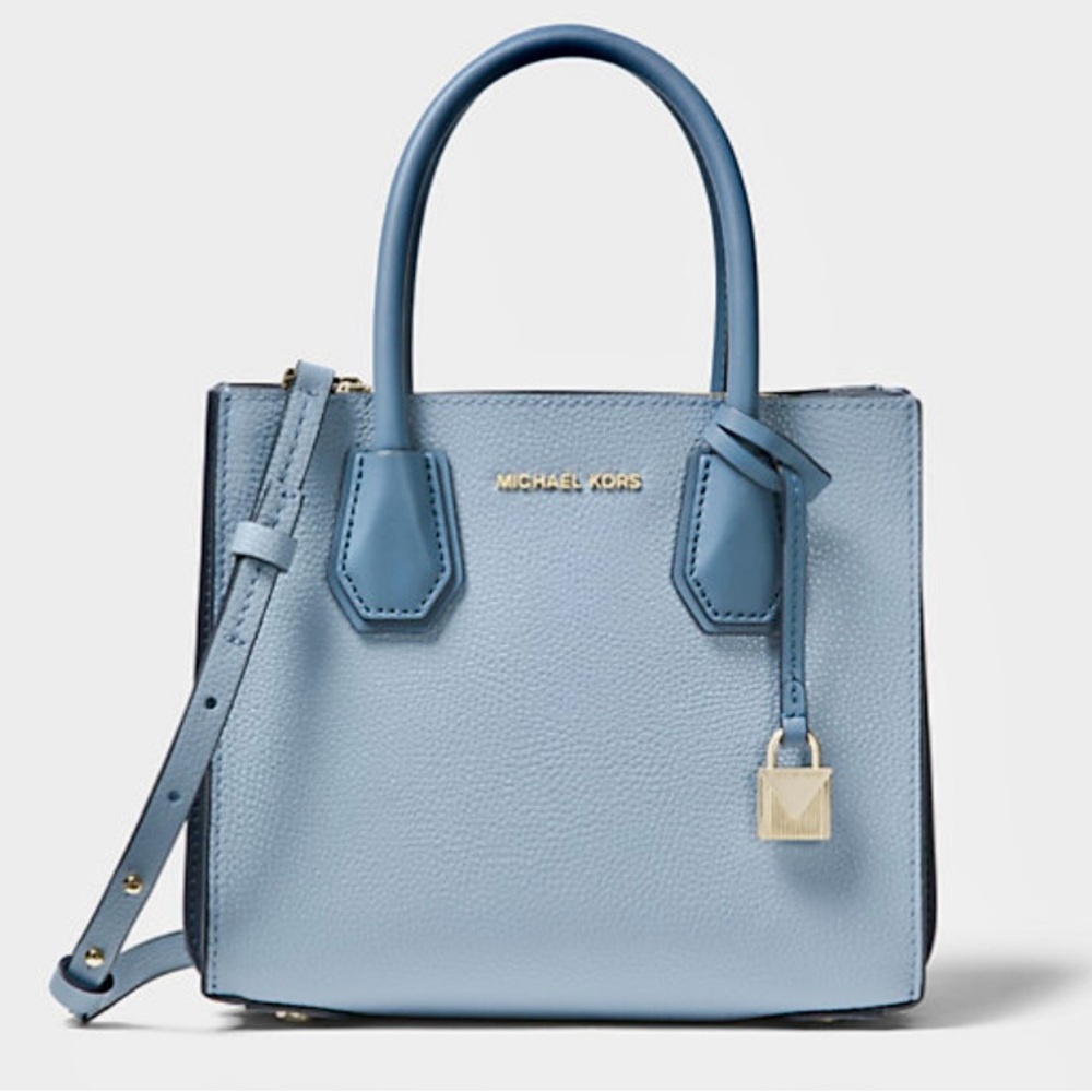 Michael Kors Mercer Mini Accordion Leather Crossbody (Light/Navy Blue) RARE
